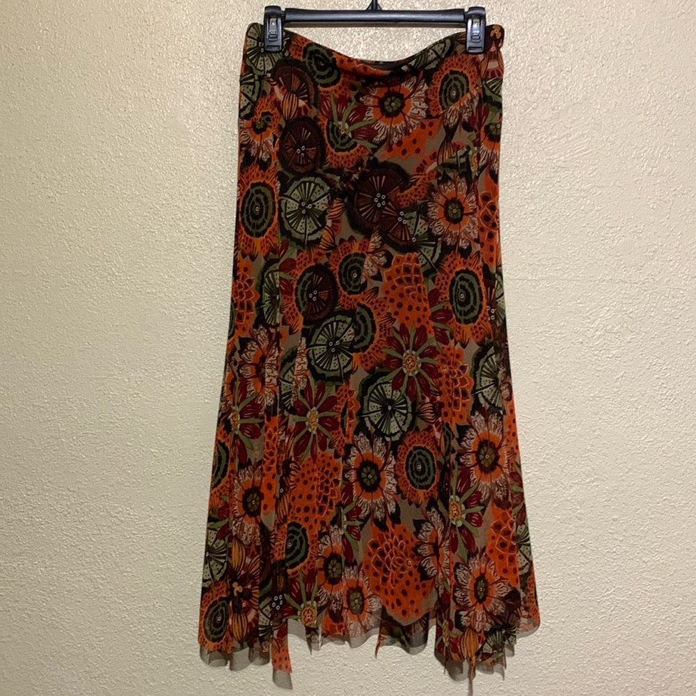 Tribal Skirt S Brown Red Orange Green Floral Mesh Like Shell Pull On Stretchy - Picture 1 of 16